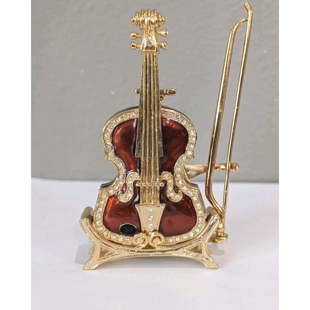 Trinket Box Violin Cello Orchestra Crystal Jewel Enameled Hinged Gold Red Music